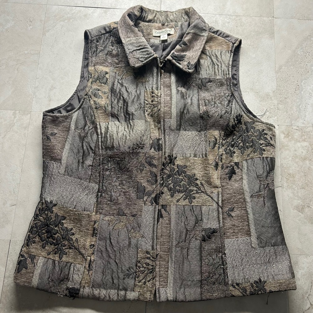 Coldwater Creek Tapestry Patchwork Vest Brown Gray Women XL Floral Embroidered